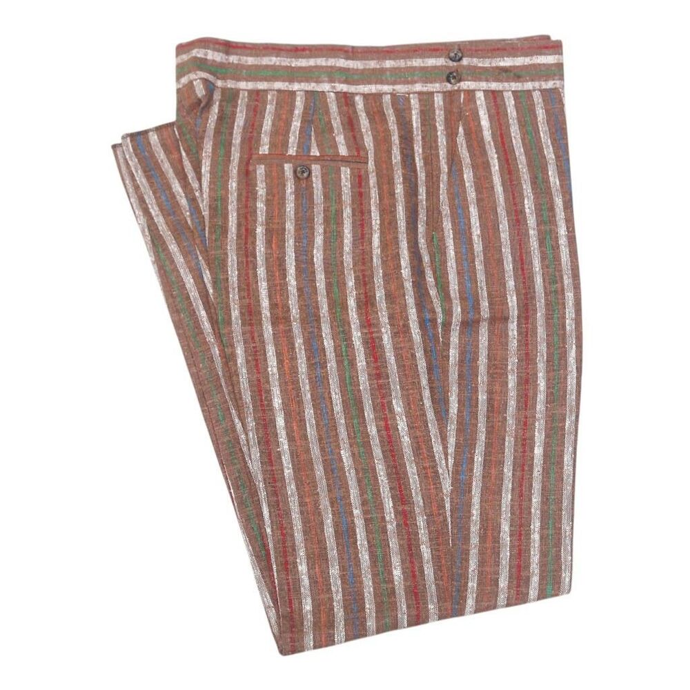 Mens Gurkha Pants 38 Brown Striped Cotton Straight Fit Flat Front Chino Trousers